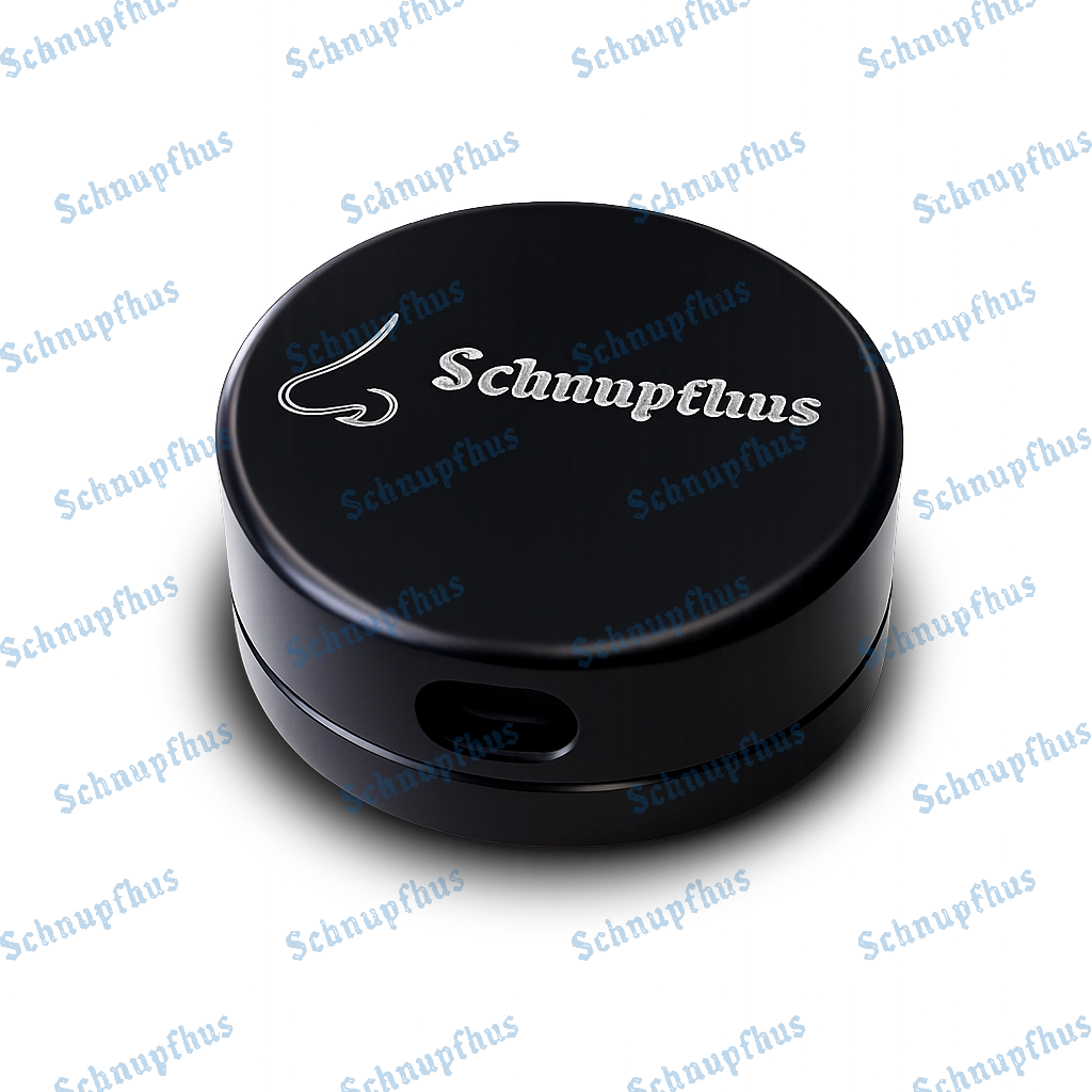 Aluminiumdosen, schwarz eloxiert, mit Schnupfhus-Logo